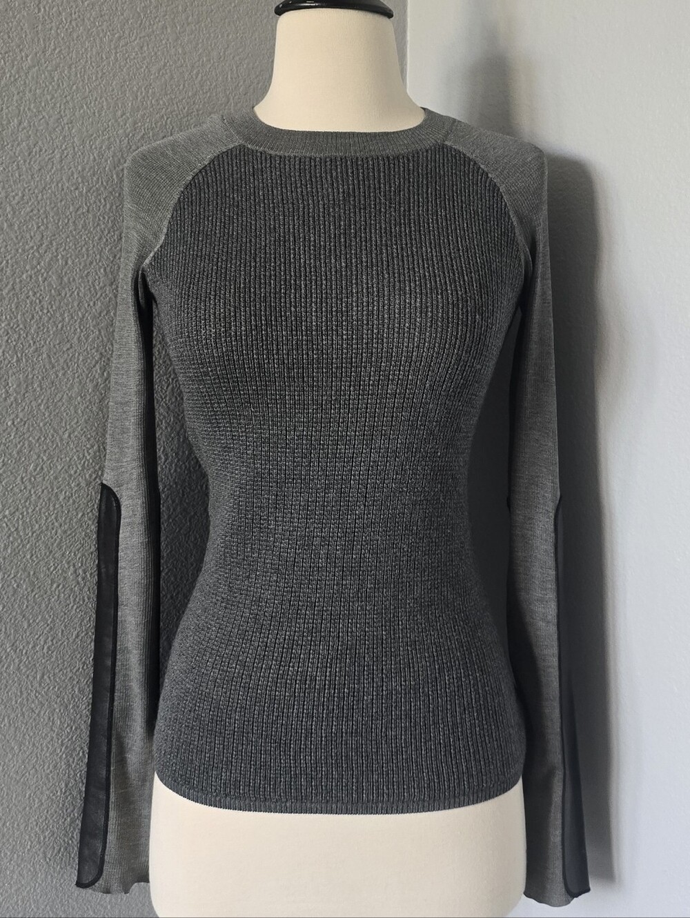 Reed Krakoff Lambswool Gray Sweater Leather Sleeve Panels XS Extra Small